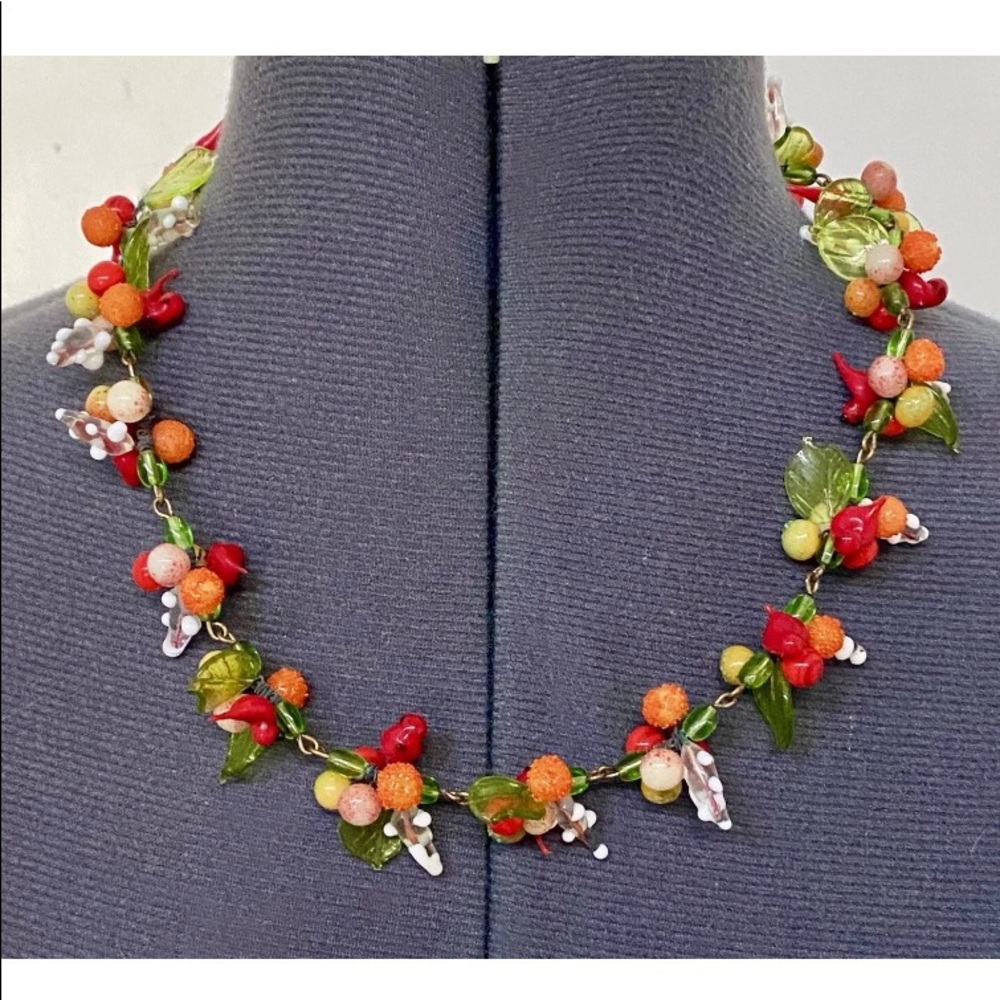 VINTAGE 80s MURANO VENETIAN ITALY GLASS RED BIRDS LEAVES FRUIT BEAD NECKLACE 20"